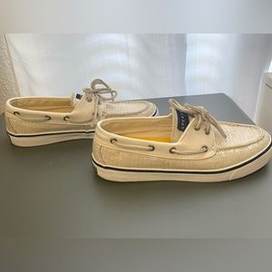Sperry Topsiders, Bahama White Sequin Boat Deck Shoes Loafers, Size 7M